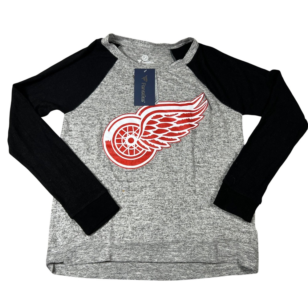 Fanatics Detroit Red Wings Womens Raglan Long Sleeve Gray Black T-Shirt Medium